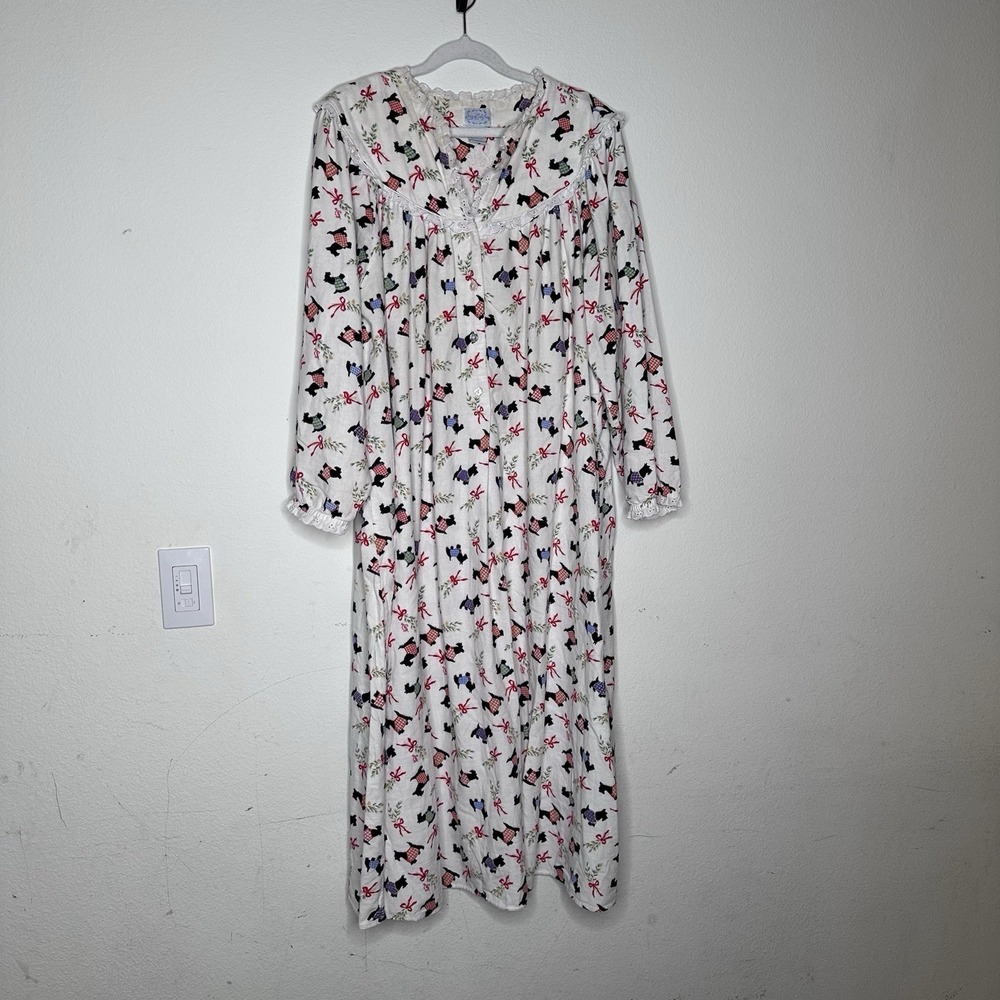 LANZ OF SALZBURG Flannel 100% Cotton Long Nightgown Christmas Scottie Dogs Large